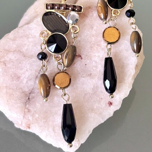 Elegant Black Copper Brown Faceted Beads Beaded Tassels Dangle Earrings New - Picture 2 of 5